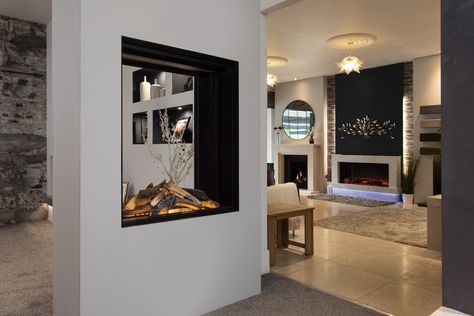 Double-Sided & Tunnel Fireplaces Nottingham & Derby | The Fireplace Studio Fireplace Middle Of Room, In Fireplace Decor, Entryway Divider, Biofuel Fireplace, Double Sided Electric Fireplace, Double Sided Gas Fireplace, Wall Gas Fires, Wood Fireplace Surrounds, Fireplace Gallery