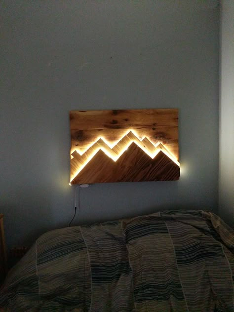 Lighted mountains wall art. Contact me for details on how to make or if you would like one made. Boxy Pouch, Mountains Wall Art, Lashes Mascara, Rustic Wood Walls, Wooden Light, Scandinavian Wall, Eyeshadow Eyeliner, Diy Holz, Mountain Wall Art