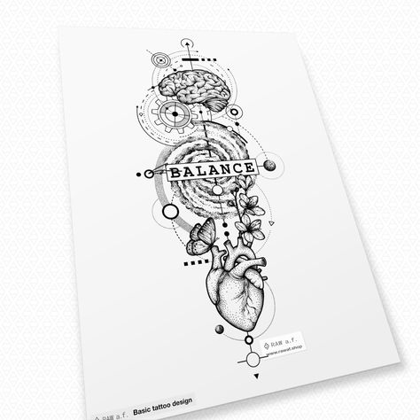 Geometric heart brain balance tattoo design! Get the high-resolution files from my webshop, or commission me if you're after a fully custom, unique tattoo design. I can draw anything you can dream. Balance Heart And Brain Tattoo, Heart And Brain Scale Tattoo, Balance Tattoo Design, Balance Tattoo Ideas, Heart And Brain Tattoo, Tattoo Words, A Human Heart, Brain Balance, Balance Tattoo