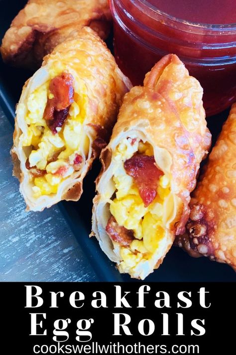 25 minutes · Serves 12 · A complete, yummy breakfast all wrapped up as a crispy egg roll with a sweet and spicy dipping sauce! Cheesy Breakfast Egg Rolls, Spicy Maple Syrup, Egg Roll Dipping Sauce, Breakfast Egg Rolls, Sandwich Sauces, Crispy Egg, Spicy Dipping Sauce, Cheesy Bacon, Wonton Wrappers