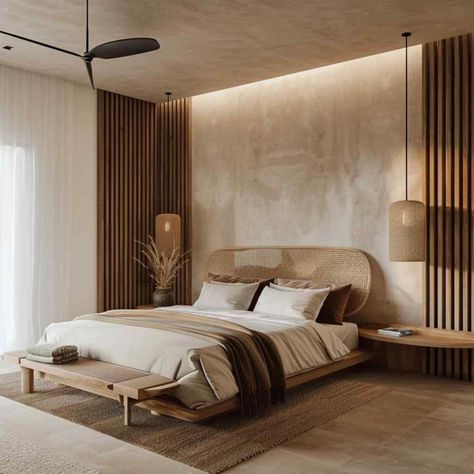 Modern Unique Bedroom Design, Bedroom Design Brown, Bedroom Japanese Style, Bedroom Japandi, Japandi Bedroom Ideas, Japandi Bedroom Design, Japanese Style Bedroom, Bedroom Interior Design Modern, Japandi Bedroom