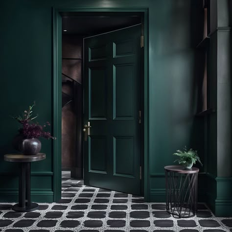 Storms In Paris, Emerald Green Paint, Black Christmas Decorations, Green Hallway, Barn Kitchen, Entryway Inspiration, Green Colour Palette, Green Interiors, Green Paint