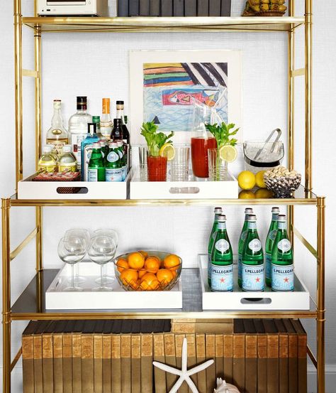 Gold Etagere, Home Bar Setup, Bar Setup, Glam Pad, Home Bar Design, Bar Tray, Built In Bar, Bar Cart Decor, Mini Bars