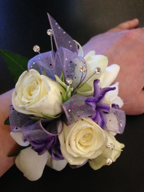 Prom Flowers Purple, Corsage For Purple Dress, Purple Prom Flowers Bouquet, Lavender Corsage And Boutonniere, Purple And Gold Corsage, Purple Corsage And Boutonniere Prom, Corsages For Prom Purple, Purple Corsages, Purple Corsage And Boutonniere