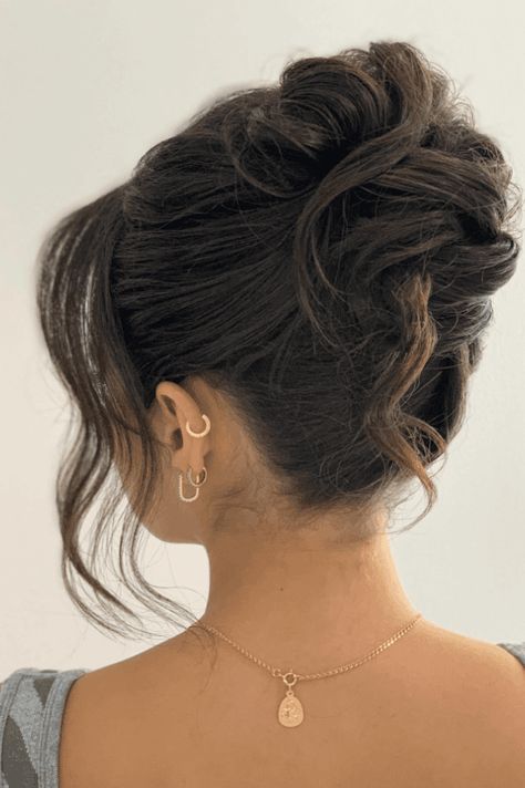 elegant updos, medium hair, hairstyle inspirations Wedding Updo With Front Pieces, Updo Hair Pieces, Updo With Medium Length Hair, Updos For Medium Length Hair High Bun, Up Do Hairstyles Medium Length Hair, Hairstyles For Prom Long Hair Updo, Prom Updos Medium Hair, Medium Bob Updo, Updos For Cocktail Party