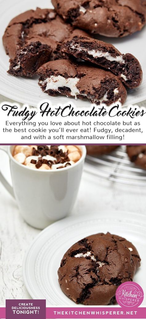 Christmas Baking With Marshmallows, Hot Chocolate Brownie Cookies, Brownie Marshmallow Cookies, Hot Cocoa Cookies With Marshmallows, Marshmallow Christmas Cookies, Fudge Filled Cookies, Christmas Cookies Marshmallow, Christmas Cookies With Marshmallows, Hot Cocoa Desserts