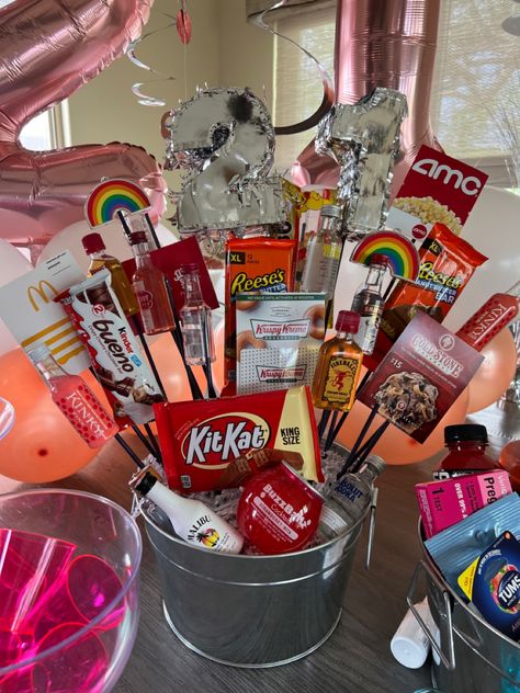 Cute 21st Birthday basket! #21stbirthday #birthdaybasket Birthday Wine Basket, Bestfriend Birthday Ideas, 21 Birthday Basket For Her, Boyfriend Gift Basket 21st Birthday, 21 Birthday Bucket, 21st Birthday Gifts For Guys Turning 21 Basket Ideas, 21st Birthday Gifts For Guys, 21st Birthday Gift Baskets, Mini Alcohol Bottles Gift 21st Birthday