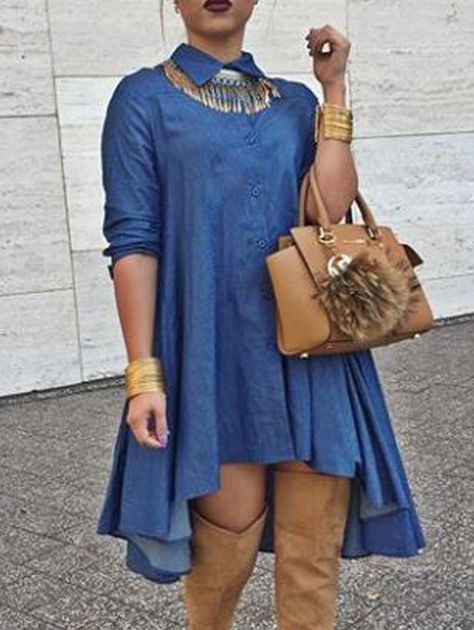 Shop Blue Lapel High Low Denim Shirt Dress online. SheIn offers Blue Lapel High Low Denim Shirt Dress & more to fit your fashionable needs. Denim Party, Club Fashion, Mode Abaya, Midi Dress Style, Outfit Jeans, Denim Shirt Dress, Turndown Collar, Outfits Casual, Outfit Casual