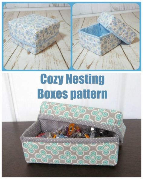 Cozy Nesting Boxes pattern. Here's a great set of six nesting boxes that are both pretty and practical, and are scrap and fat quarter friendly. You will find a million uses for these easy to make nesting lidded boxes. #SewModernBags #SewABag #BagSewingPattern #SewAStorageBox #StorageBoxSewingPattern Quilted Boxes Free Pattern, Quilted Boxes Fabric Basket, Fabric Boxes Pattern Free, Box Sewing Pattern, Sewing Box Ideas, Fabric Box Pattern, Phone Case Sewing, Cloth Baskets, Sewing Patterns Bags