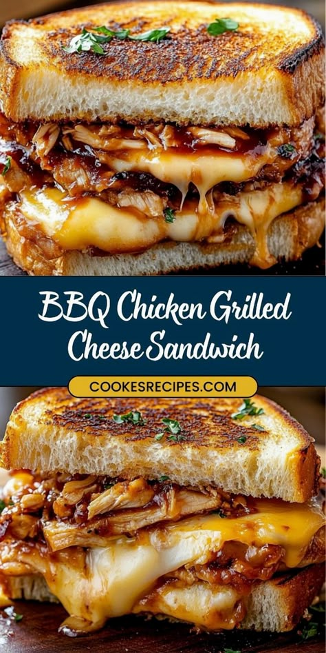 Savor the ultimate flavor fusion with this BBQ Chicken Grilled Cheese Sandwich! Juicy BBQ chicken paired with gooey cheese and crunchy toasted bread creates a delightful sweet and savory treat, ideal for lunch or dinner. Simple to make and irresistibly tasty! Bbq Chicken Melt Sandwich, Honey Bbq Chicken Supermelt, Barbecue Chicken Grilled Cheese, Maple Chicken Sandwich, Police Lunch Ideas, Mac And Cheese Chicken Sandwich, Bbq Chicken Garlic Bread, Chicken Grilled Cheese Recipes, Rainbow Grilled Cheese Sandwich