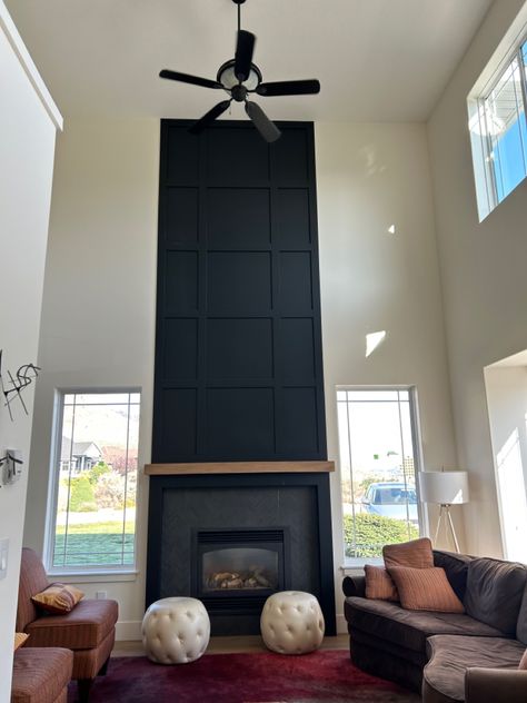 Black Herringbone Fireplace Surround, Black Herringbone Fireplace, Updating Fireplace, Herringbone Tile Fireplace, Brick Wall Fireplace, Black Fireplace Wall, Black Chimney, Black Tile Fireplace, Slate Fireplace Surround