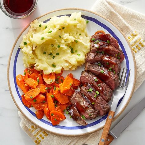 Recipe: Seared Steaks & Homemade Steak Sauce with Mashed Potatoes & Sautéed Carrots - Blue Apron Homemade Steak Sauce, Sautéed Carrots, Blue Apron Recipes, Sauteed Carrots, Fresh Meals, Hello Fresh Recipes, With Mashed Potatoes, Seared Steak, Fresh Recipes