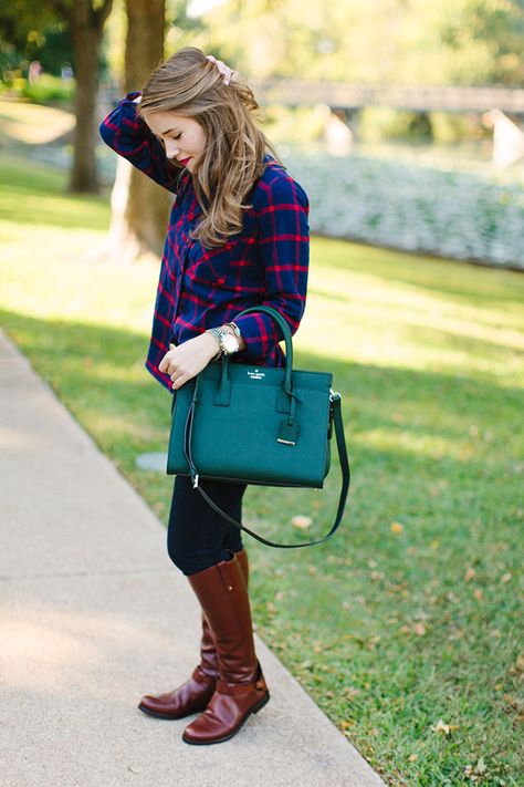 the fall flannel Lonestar Southern, Preppy Fall Fashion, Jcrew Fall, High Heel Boots Outfit, Derby Boots, Country Woman, Tory Burch Riding Boots, Tory Burch Boots, Fall Flannel