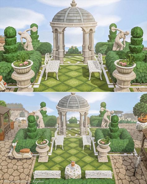 ☕️ 𝙺 𝙰 𝚈 𝙻 𝙴 𝙴 𝙽 ☕️ on Instagram: “The elegant gardens of Lumière 🌿🪴 Who wants to go on a date? 👉🏻👈🏻 I’m so close to finishing my island!! So be on the lookout for a DA…” Acnh Courtyard, Acnh Elegant, Acnh Castle, Castle Core, Greek Animals, Acnh Beach, Island Layout, Acnh Inspiration, Animal Crossing Guide