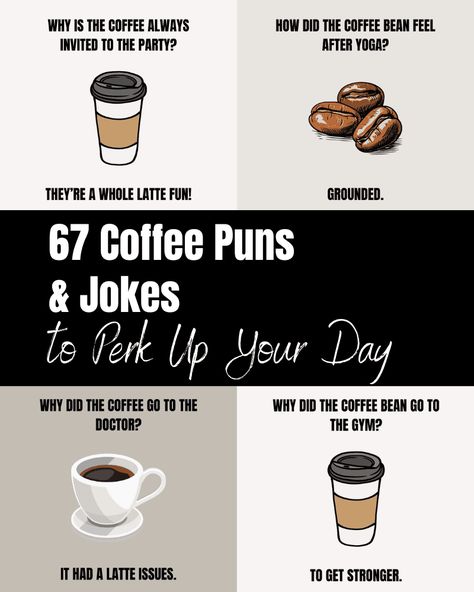 Grab your favorite mug, pour yourself a freshly brewed cup, and enjoy this fun collection of coffee puns and coffee jokes. Funny Coffee Memes Hilarious, Coffee Jokes, Coffee Puns, Coffee Facts, Puns Jokes, Funny Coffee, Coffee Humor, Dad Jokes, Puns