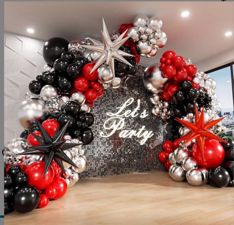 Red And Black Balloon Arch, Black Balloon Arch, Silver Balloons, Star Balloons, Black Graduation, Black Balloon, Balloon Arch Kit, Summer Party Themes, Orange Balloons