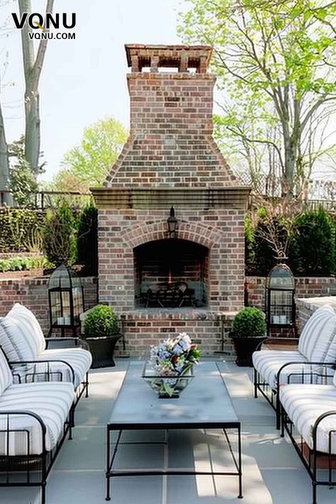 Dreamy Outdoor Retreats: Inspiring Spaces for Tranquil Living – VQNU Backyard Brick Fireplace, Outdoor Brick Fireplace Ideas, Stone And Brick Fireplace, Outdoor Fireplace Brick, Rustic Outdoor Fireplaces, Small Covered Patio, Outdoor Stone Fireplaces, Winding River, Beautiful Property