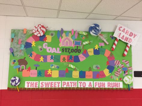 ”a sweet path to a fun run” For our fun run this year, I had this idea but couldn’t find any other boards advertising a fun run with candyland ... so I put a bunch of ideas together and this is the final result.... pool noodles, duck tape, and the Cricut.... if anyone else likes this board feel free to copy any of it. Color Run Bulletin Board, Fun Run Bulletin Board, Fun Run Bulletin Board Ideas, Candy Land Bulletin Board Ideas, Fun Run Ideas School, Candy Land Poster, Candy Land Bulletin Board, Candyland Bulletin Board Ideas, Candyland Bulletin Board