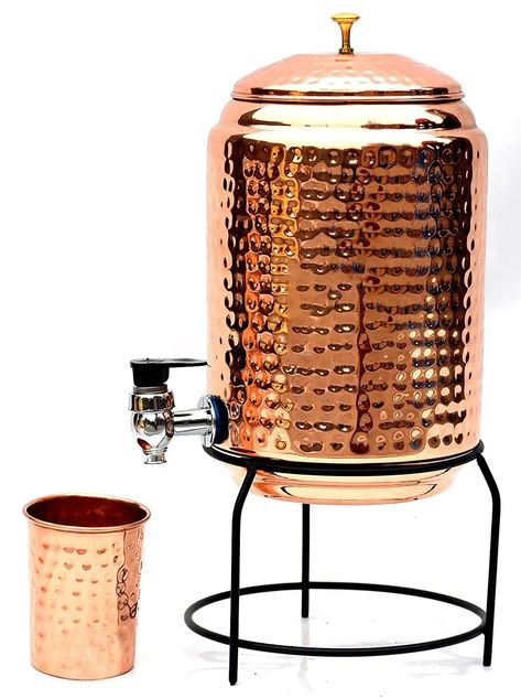 Copper Water Dispenser, Copper water Bottle, Copper utensils, Copper tank, Imunity Booster, Copper Tank with glass, 5 Litre Hammered Pure Copper and Ayurvedic Water Dispenser (Matka/Pot) Container Pot with 1 Copper Glass and Stand (5000 ml) Family Compound, Easy Diy Hacks, Copper Vessel, Copper Bar, Brass Tap, Copper Glass, Copper Accents, Copper Pots, Copper Kitchen