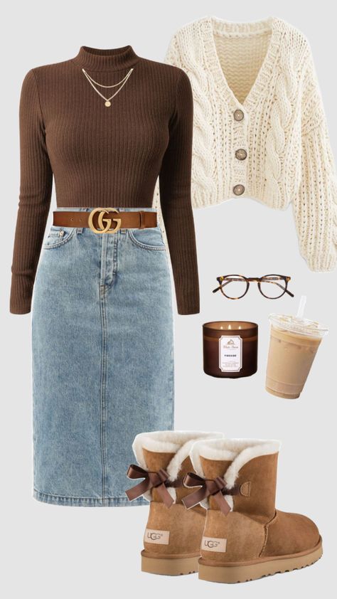 #winterfashion #modestoutfit #uggs #brownaesthetic #vanillagirl #cardigan #brown #winter #outfitideas #casual #skirt #fashion #schoolfit Winter Modest Outfits, Modest Fall Outfits, Modest Winter Outfits, Modest Casual Outfits, Modesty Outfits, Western Wear Outfits, Cute Modest Outfits, Cardigan Brown, Fashion Top Outfits