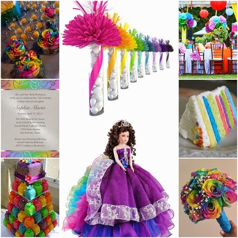 Rainbow Bright | Colorful Sweet Fifteen Quinceanera Theme Rainbow Sweet 16, Quince Doll, Quinceanera Theme, Sweet Fifteen, Quinceanera Themes, Rainbow Bright, Quince Ideas, Rainbow Theme, Neon Rainbow