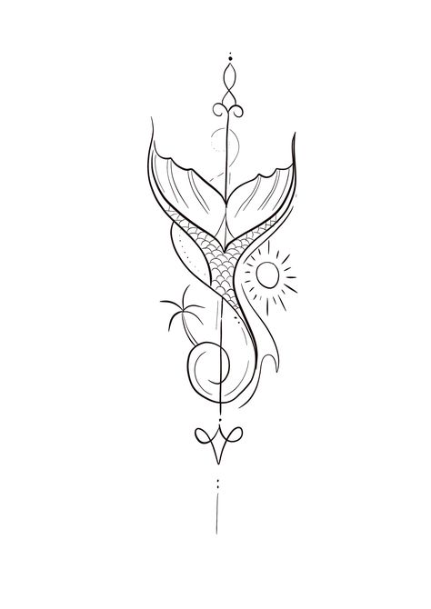 Tropical Small Tattoos, Mermaid Line Tattoo, Mermaid Tail Tattoo Simple, Orisha Tattoo Ideas, Mermaid Tattoo Minimalist, Small Mermaid Tattoo Designs, Mermaid Tattoos For Women, Simple Mermaid Tattoo, Mermaid Tattoo Ideas For Women