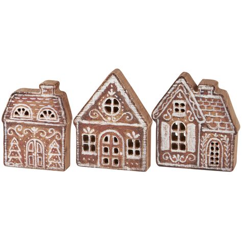 Gingerbread Village Chunky Sitter Set | Primitives By Kathy Gingerbread Village Decor, Wooden Houses Decoration, Laser Cut Gingerbread House, English Cottage Christmas Decor, Gingerbread House Painting, Wood Gingerbread House, Wooden Christmas Houses, Wooden Gingerbread House, Decorating Fireplace