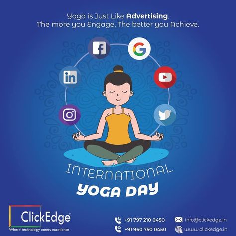 Be #Creative with your every #pose... Happy #InternationalYogaDay... Team #ClickEdge . . .  #yogaday #health #fitness #inspiration #motivation #spirituality #EmbellishingBrands #advertising #branding #advertisingagency #agencylife #digitalmarketing #webdesign #socialmediamarketing #marketing #business #desiging #concept #strategy #adagency #blogging www.clickedge.in info@clickedge.in Yoga Day Creative, Happy Yoga Day, World Yoga Day, Happy International Yoga Day, What Is Marketing, Happy Yoga, Marketing Poster, International Yoga Day, Strategic Marketing