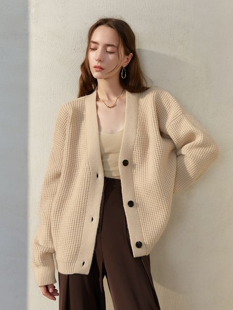 Khaki Casual Collar Long Sleeve Fabric Plain Cardigan Embellished Medium Stretch  Women Knitwear Beige Button Up Sweater Outfit, Beige Cardigan Outfits, Caramel Cardigan Outfit, Beige Long Cardigan Outfit, Long Beige Cardigan Outfit, Beige Cardigan Outfit, Long Cardigan Outfit, Natural Kibbe, Plain Cardigan