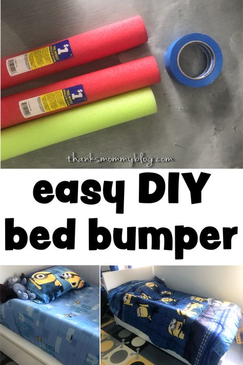 $3 DIY Toddler Bed Bumper -- Thanks Mommy Blog Toddler Bed Bumper, Kids Bed Rails, Diy Kids Bed, Toddler Bed Rail, Diy Bumper, Diy Toddler Bed, Bed Bumper, Bed Rails For Toddlers, Kids Falling