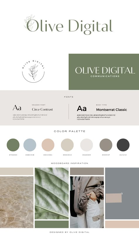 Olive Green Branding Color Palettes, Green Color Branding, Green Branding Board, Organic Branding Design, Typography Logo Fonts, Branding Mood Board Inspiration, Brand Colors Inspiration, Organic Branding, Branding Checklist