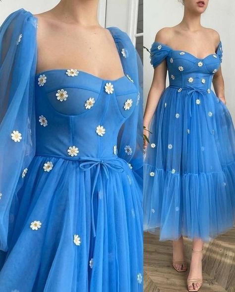 Blue Fantasy Dress Short, Light Blue Fantasy Dress, Fantasy Dress Short, Blue Fantasy Dress, Fairytale Outfits, Fallon Carrington, Blue Flower Dress, Soiree Dress, Sleeves Designs For Dresses