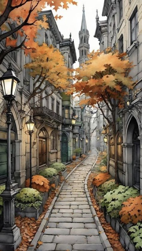 Beautiful Paintings Of Nature, Watercolor Architecture, Architecture Drawing Art, Art Gallery Wallpaper, 수채화 그림, Fall Pictures, Naive Art, Diy Art Painting, Fantasy Landscape