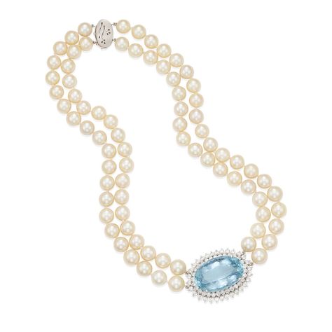 California Jewels 14 Feb 2024  Lot #: 31 Title: A 14K WHITE GOLD, AQUAMARINE, CULTURED PEARL AND DIAMOND NECKLACE Estimate: $5,000 - 8,000 Description: PROPERTY FROM A NEW YORK COLLECTOR  A 14K WHITE GOLD, AQUAMARINE, CULTURED PEARL AND DIAMOND NECKLACE   Comprising two strands of cultured pearls, centering a pendant featuring an oval aquamarine weighing approximately 57.75 carats in a double surround of round diamonds weighing approximately 5.40 carats, completed by an openwork clasp with a floral design,<i> length 17 in., pendant measures 1 5/8 x 1 1/4 in.</i>    <b>Footnotes</b>  OVERALL CONDITION:  Metal stamped and tested for 14k gold; clasp and safety secure; superficial wear in the form of minor scratches; overall good condition.  MAJOR COLORED GEMSTONE: aquamarine Approximate Dimen Pearl And Aquamarine Necklace, Pearl Jewels, Pearl And Diamond Necklace, Pearl Necklace Designs, Aquamarine Necklace, Diamonds And Pearls, Pearl Necklaces, Cultured Pearls, Metal Stamping