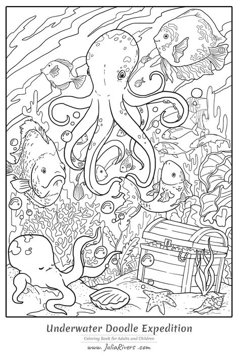 'Underwater Doodle Expedition' : Magnificent coloring page representing a giant Octopus at the bottom of the sea, with fishes, coral and a mysterious treasure Octopus Coloring, Octopus Coloring Page, Ocean Coloring Pages, Turtle Coloring Pages, Detailed Coloring Pages, Adult Colouring Pages, Sea Colour, Doodle Coloring, Ocean Colors