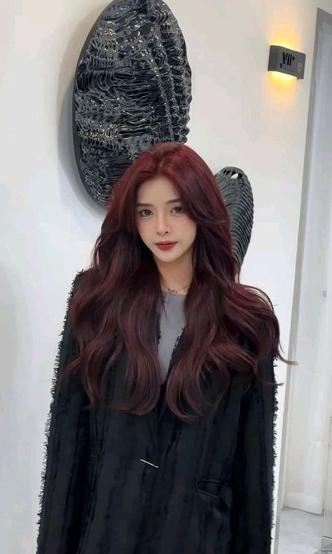 Cherry Red Asian Hair, Dark Red Brown Hair, Red Hair Korean, Mahogany Hair Color, Kpop Hair Color, Deep Red Hair, Medium Length Hair With Bangs, Hair Color Mahogany, Mahogany Hair