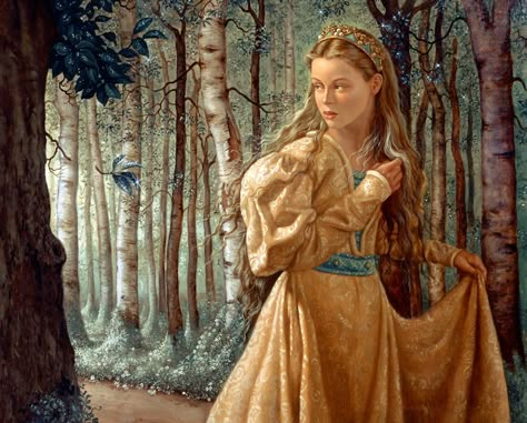 The Silver Wood ~ Ruth Sanderson Ruth Sanderson, Themed Paintings, Twelve Dancing Princesses, 12 Dancing Princesses, Barbie Dresses, 동화 삽화, Enchanted Wood, Fairytale Illustration, Fairytale Art