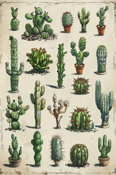 Explore the diverse world of cacti with this detailed guide to various types. From the towering Saguaro to the compact Prickly Pear, discover the unique features and ideal care tips for each type. Type Chart, Desert Aesthetic, Cactus Types, Prickly Pear Cactus, Desert Vibes, Succulent Gardening, Prickly Pear, Geometric Art Prints, Cactus Garden