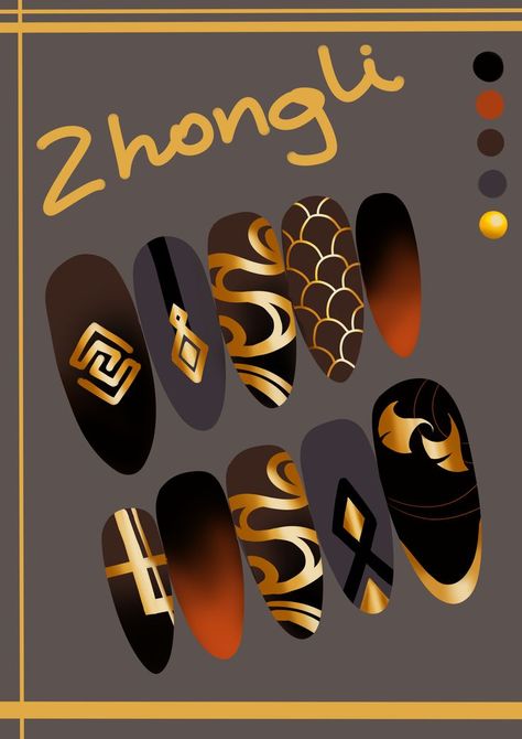 Zhongli inspired nail art design 💛 Zhongli Tattoo Ideas, Rengoku Nail Art, Genshin Nail Ideas, Genshin Nail Design, Genshin Impact Inspired Nails, Zhongli Makeup, Anime Inspired Nail Art, Anime Nail Art Designs, Genshin Nails Design