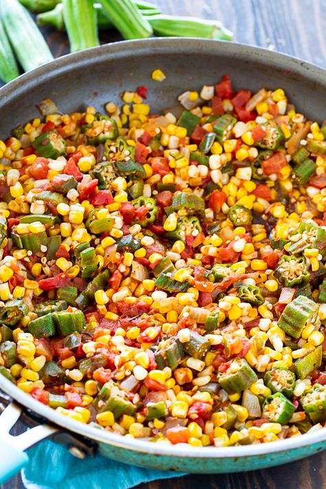 Southern Okra, Okra And Tomato Recipe, Succotash Recipe, Spicy Southern Kitchen, Okra And Tomatoes, Praline Recipe, Okra Recipes, Southern Kitchen, Just A Pinch Recipes