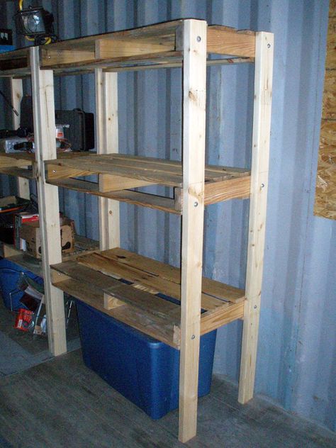 pallet shelves Pallet Shelving, Garage Shelves, Pallet Shed, Pallet Storage, Diy Rustic Decor, Cheap Storage, Pallet Creations, Pallet Shelves, Recycled Pallets