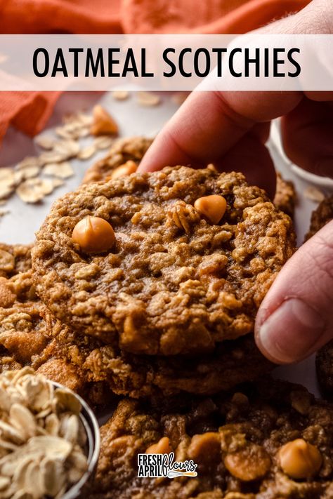 These soft and chewy oatmeal scotchies are spiced with cinnamon and molasses, jam packed with oats, and loaded with sweet and creamy butterscotch chips. My tried-and-true oatmeal cookie base which yields firm edges and a gooey interior that make these sweet and salty cookies absolutely irresistible. via @frshaprilflours Oatmeal Raisin Butterscotch Cookies, Soft Oatmeal Butterscotch Cookies, Cookies Recipes Oatmeal, Holiday Oatmeal, Oatmeal Scotchies Cookies, Scotchies Cookies, Oatmeal Cookies Recipes, Chewy Oatmeal Cookies Recipe, Oatmeal Scotchies