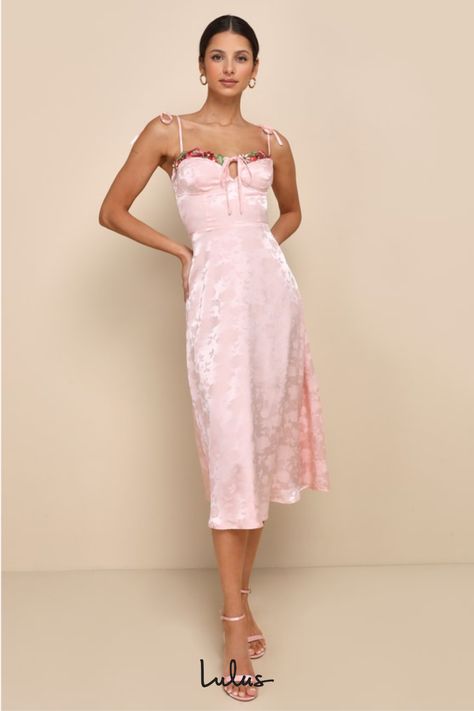 Make your day extra whimsical by slipping into the Lulus Ethereal Muse Light Pink Satin Jacquard Embroidered Midi Dress! Sleek woven satin jacquard boasts a sweet floral pattern as it falls from tying straps into a sweetheart neckline that features colorful floral embroidered trim and a sweet tying keyhole detail. The bustier-inspired bodice and high, fitted waist sit atop a classic A-line skirt that finishes at a chic midi hem. Hidden back zipper/clasp. Fit: This garment fits true to size. Leng Pref Dresses, Pink Tea Party Dress, 90s Pink Dress, Light Pink Satin Dress, Pink Aesthetic Dress, Midi Pink Dress, Pink Satin Midi Dress, Dress Midi Casual, Pastel Midi Dress