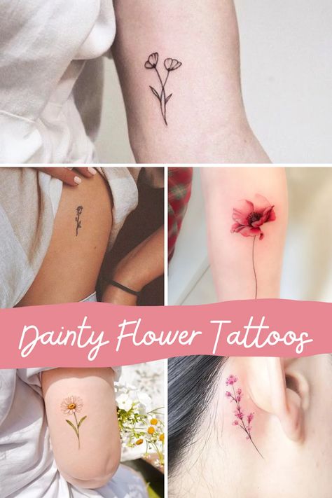 143+ Tiny Flower Tattoos Petite + Pretty Designs - TattooGlee Small Flower Tattoos For Women, Dainty Flower Tattoos, Delicate Feminine Tattoos, Flower Finger Tattoos, Delicate Flower Tattoo, Vintage Flower Tattoo, Tiny Flower Tattoos, Petit Tattoo, Finger Tattoo For Women