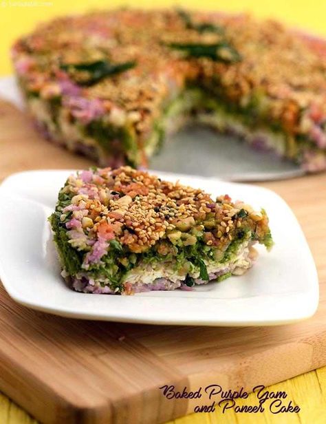 Baked Purple Yam and Paneer Cake recipe Ekadashi Recipes, Baked Yam, Farali Recipes, Baked Dish, Homemade Pesto Sauce, Desi Khana, Yams Recipe, Purple Yam, Break Fast