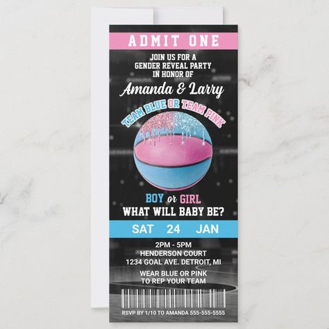 Basketball Gender Reveal Invitations, Basketball Gender Reveal Ideas For Party, Basketball Gender Reveal, Basketball Tickets, Baby Vision, Basketball Baby, Gender Reveal Themes, Team Pink, Gender Reveal Decorations