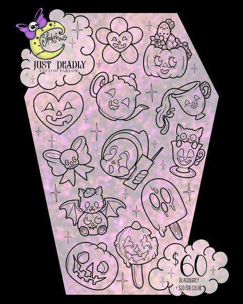 Halloween Tattoo Flash, Abstract Tattoo Ideas, Tattoo Guide, Friday The 13th Tattoo, Small Girly Tattoos, Flash Sheets, Kawaii Tattoo, Flash Tattoo Designs, Tattoo Flash Sheet