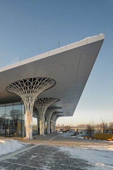 Circular Column Design, Tree Column Architecture, Umbrella Architecture, Mushroom Column Architecture, Steel Column Architecture, Parametric Roof Architecture, Curve Building, Structural Steel Column Base Plate Detail, Transport Hub