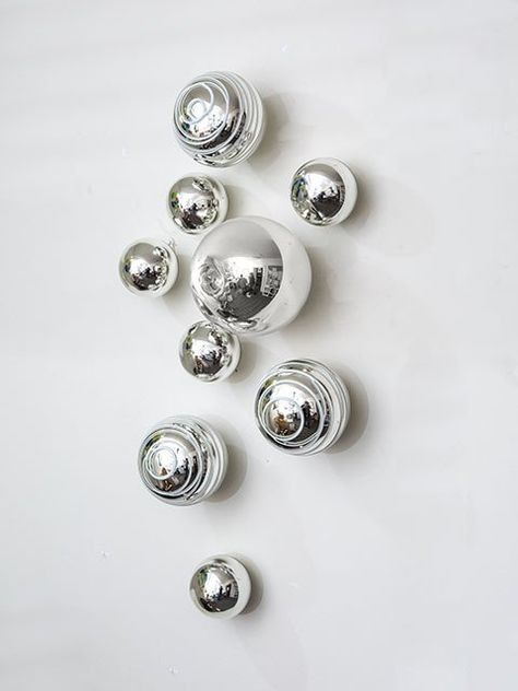 WALL SPHERES - SILVER & WHITE ~ Set of 9 Wall Spheres, Painted Glass Art, White Interior Design, Decorative Spheres, Glass Balls, Silver Decor, Chihuly, White Set, Silver Glass