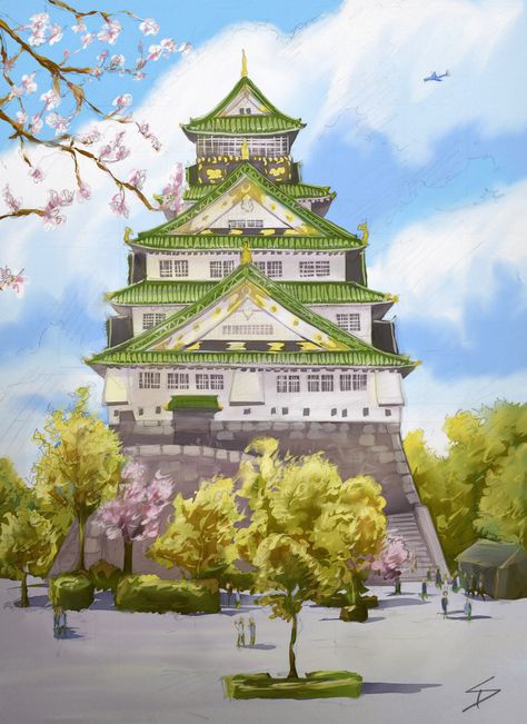 Osaka Castle Illustration, Osaka Castle Drawing, Japanese Castle Drawing, Japan City Drawing, Japanese Architecture Drawings, Castle Sketch, Japan Tourist, Nijo Castle, Castle Illustration